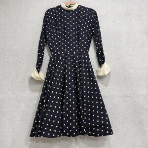 Vintage Mr. Mort Dress Womens S? Blue Apple Polka Dot Fit Flare Midi Long Sleeve